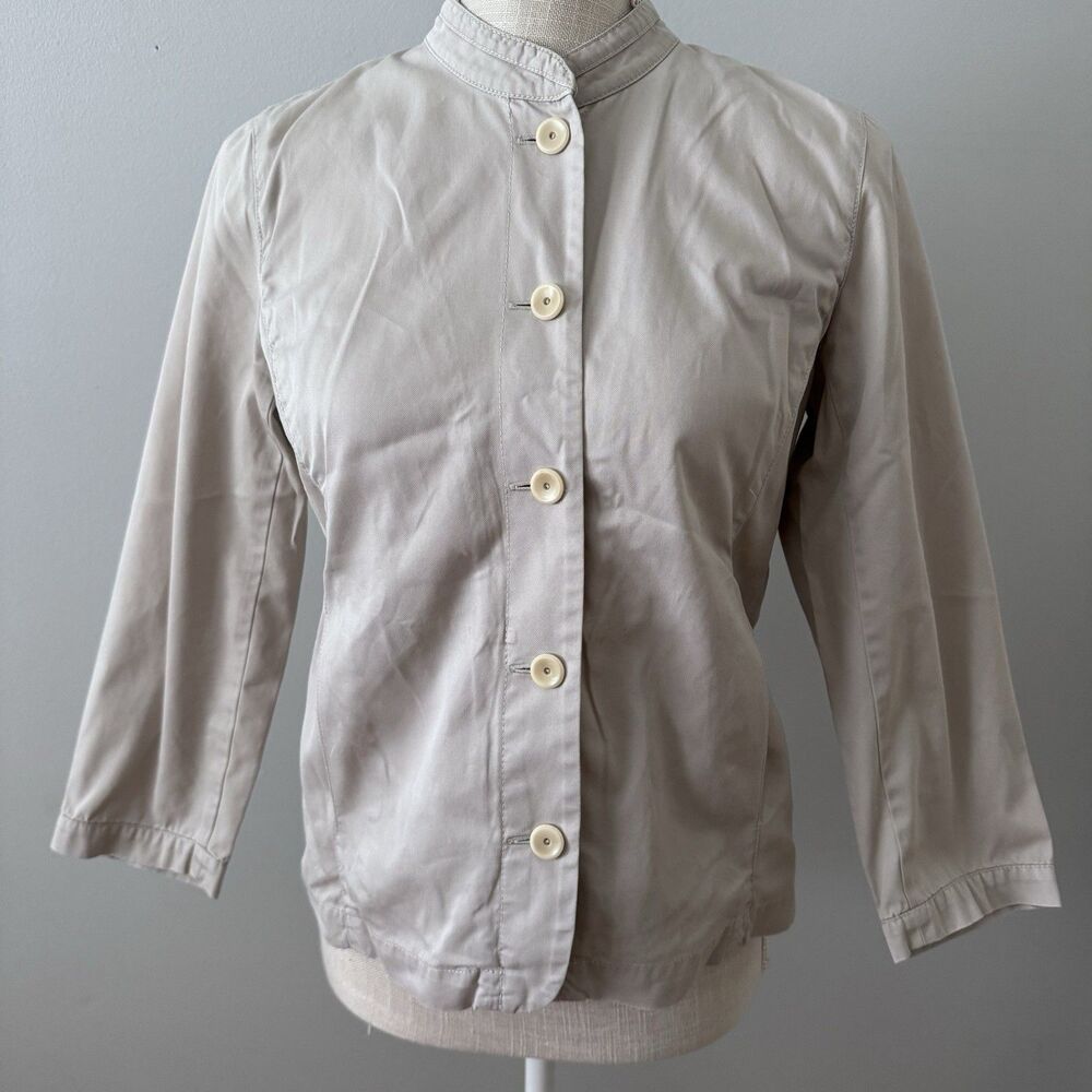Eileen Fisher Khaki Cotton Utility Blazer Mock Collar Button Down‎ Sz Petite PP